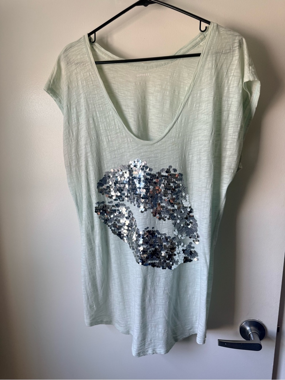 Express Mint Scoop Neck Tee with Silver Sequin Accent